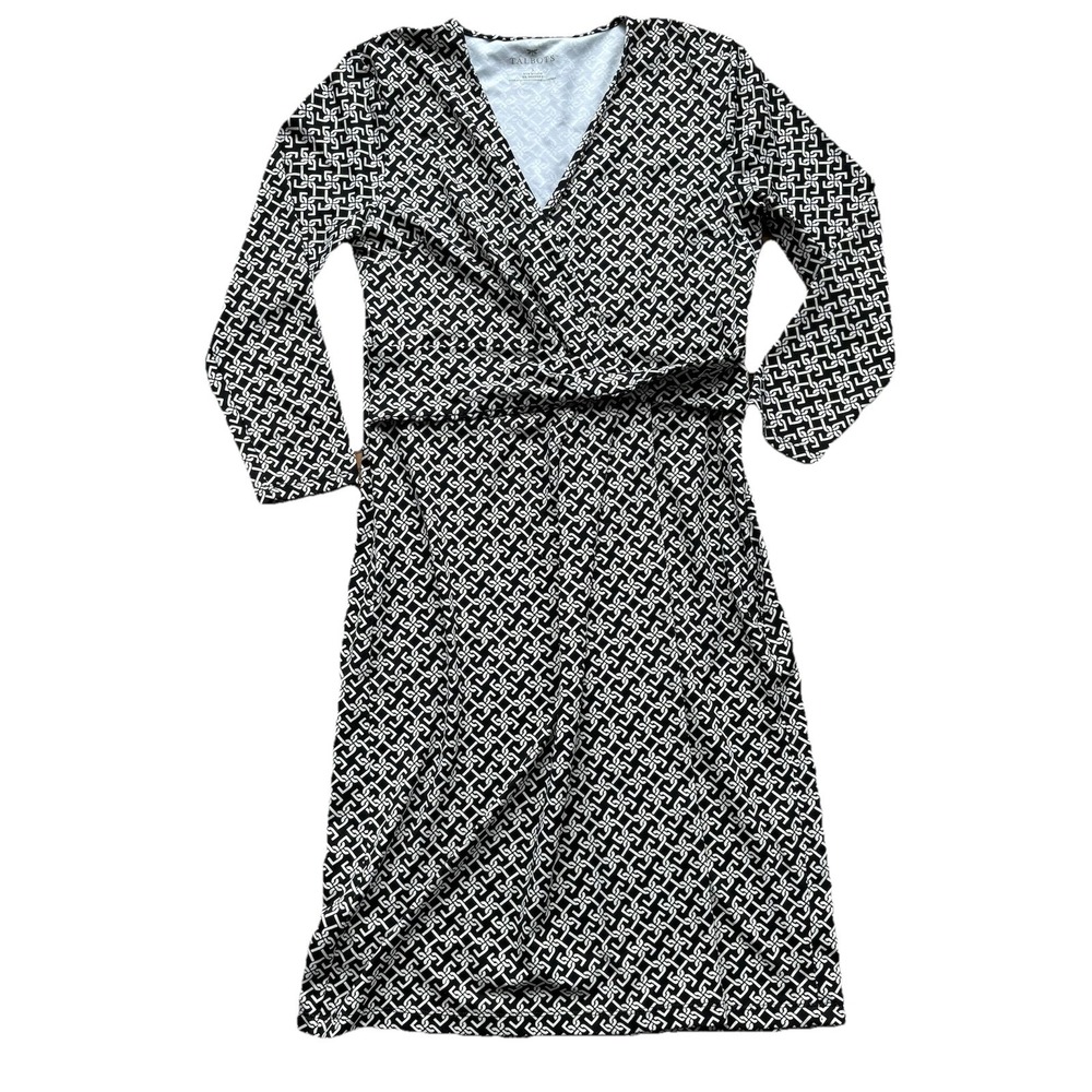 Talbots Dress Sz Small S Black‎ White Chain Link Stretch Faux Wrap 3/4 Sleeve
